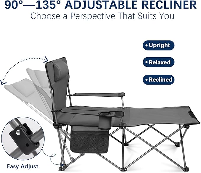 apollo walker Camping Chairs for Adults - 6 Legged Beach Chair with Foot Rest, Adjustable 90° - 135° Reclining Lounge Chair Outdoor, Folding Chairs for Outside with Detachable Pillow & Carry Bag Grey