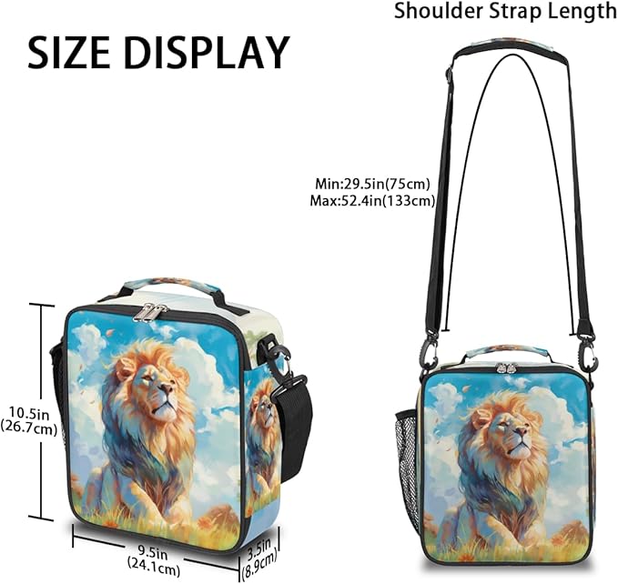 Animal Lunch Box for Kids, Watercolor Lion Grassland Lunch Bag for Boys Girls, Reusable Insulated Waterproof Lunch Box with Adjustable Shoulder Strap Thermal Cooler Tote Bag for School Daycare Picnic