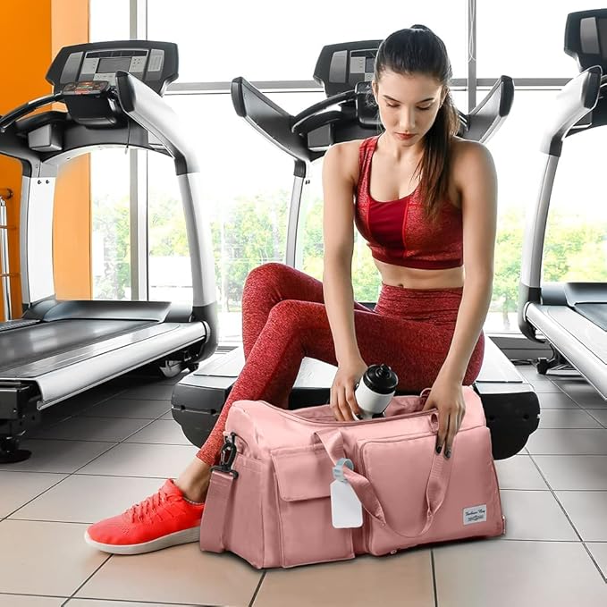 Travel Duffel Bag, Foldable Gym Bag with Luggage Tag, Large Capacity Weekend Overnight Bags with Wet and Dry Separation Bag, Waterproof Sports Tote Bag, for Travel, Sports, Gym (Pink)