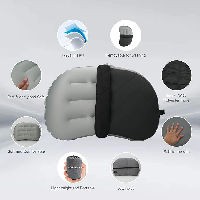 Ultralight Camping Pillow Inflatable with Removable Washable Cover, Compact Travel Pillow for Neck Support, Hiking, Backpacking, Office, Airplane, Car & Beach - Adjustable Firmness (Black)