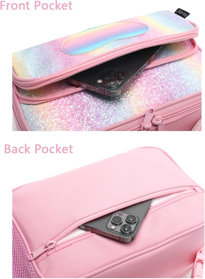 FlowFly Kids Lunch box Insulated Soft Bag Mini Cooler Back to School Thermal Meal Tote Kit for Girls, Boys,Glitter-RainBow
