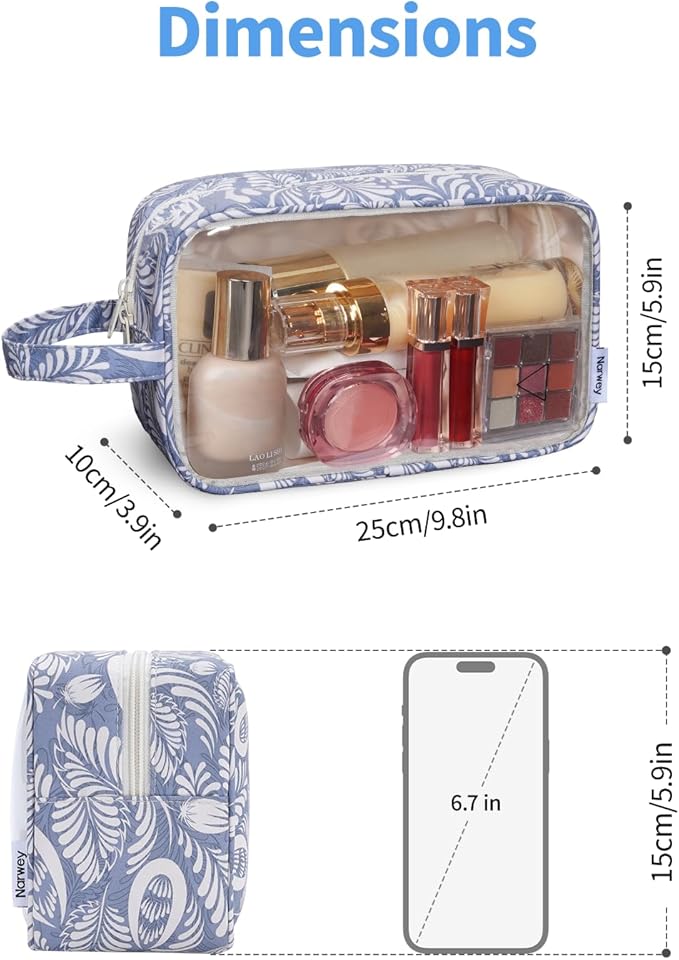Narwey Clear Makeup Bag Cosmetic Bag with Zipper for Travel, Clear Toiletry Bags for Traveling Toiletries Women Men, Make Up Pouch with Handle, Skincare Bag (Blue Leaf)
