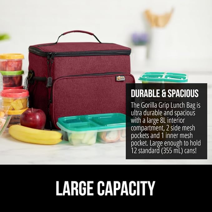 GORILLA GRIP Reusable Insulated Lunch Box Bag for Women Men, Large Leakproof Soft Cooler Bags, Multiple Compartments, Mesh Pockets, Adjustable Strap, Food Tote Keeps Drinks Cold, 8L, 10x9, Burgundy