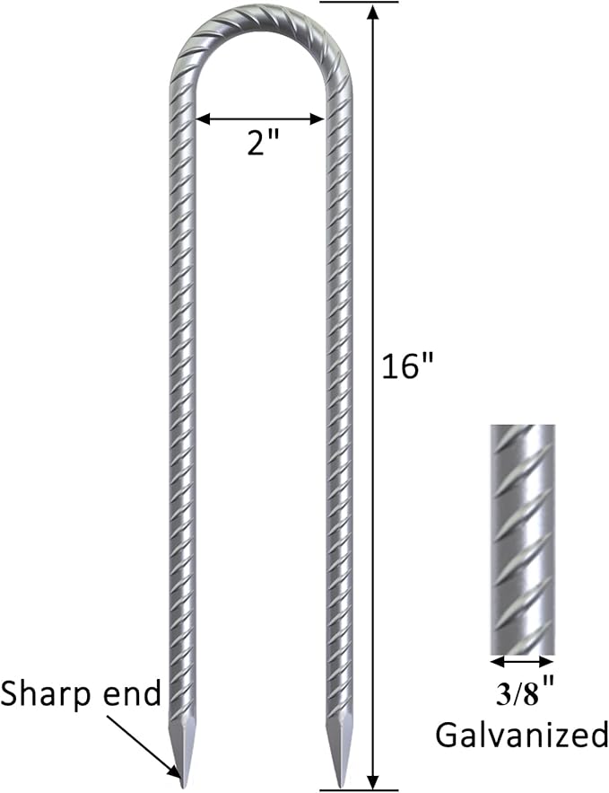 Trampoline Wind Stakes 16 Inch, 3/8" Diameter Heavy Duty U Shaped Rebar Tent Fence Stakes for Ground, Galvanized Trampoline Tie Down Anchor Kit 8 Pack