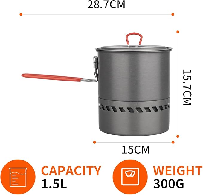 Tentock Outdoor Portable Heat Collecting Exchanger - 1L/1.5L/2.1L Camping Backpacking Hard Aluminum Pot with Folding Handle - Rapid Boil Billy Can with Compact Storage Mesh Pouch