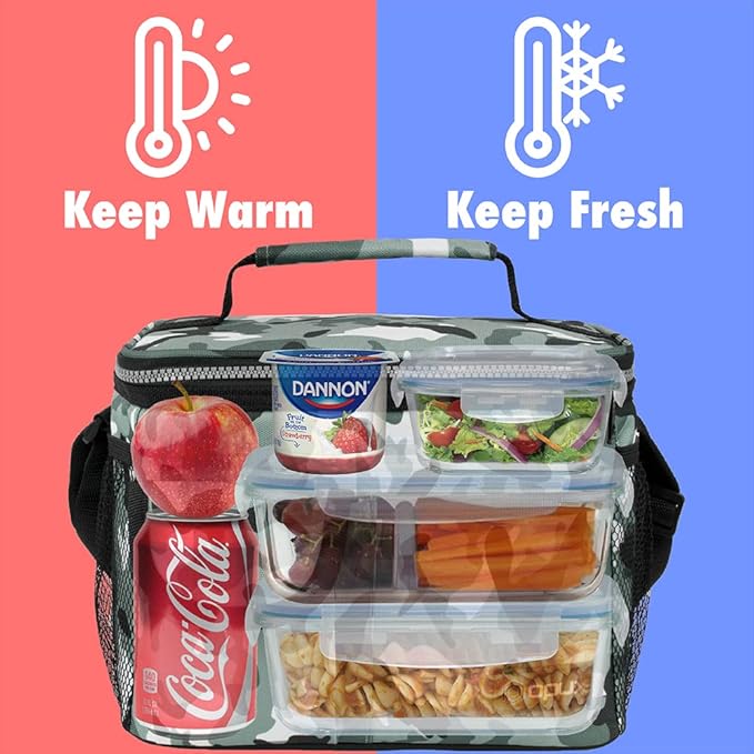 opux Insulated Lunch Bag for Men Women, Leakproof Camo Green Lunch Box for Work, Portable Soft Lunch Cooler Bag with Shoulder Strap, Adult Lunchbox Lunch Pail for Kid Boy Girl School, 14 Can/8L