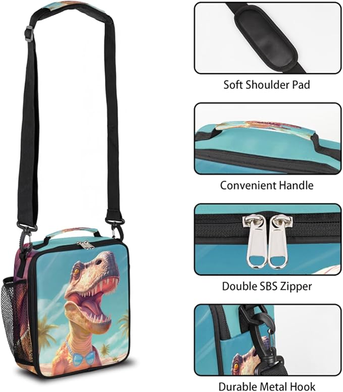 Dinosaur Lunch Box for Kids, Animal Dino Raptor Lunch Bag for Boys Girls, Reusable Insulated Waterproof Lunch Box with Adjustable Shoulder Strap Thermal Cooler Tote Bag for School Daycare Picnic