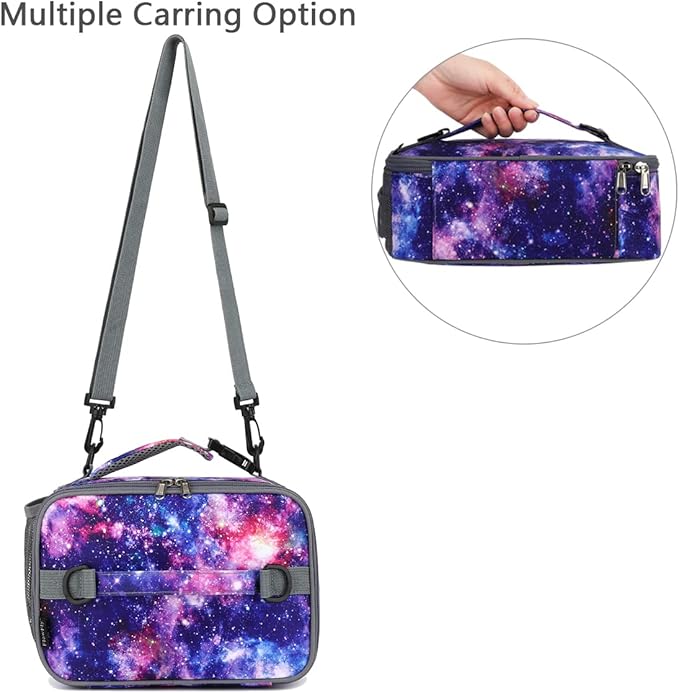 FlowFly Kids Lunch Bag, Durable Insulated School Lunch Box with Shoulder Strap and Bottle Holder, Water-resistant Thermal Small Lunch Cooler Tote for Teen Boys & Girls,Galaxy