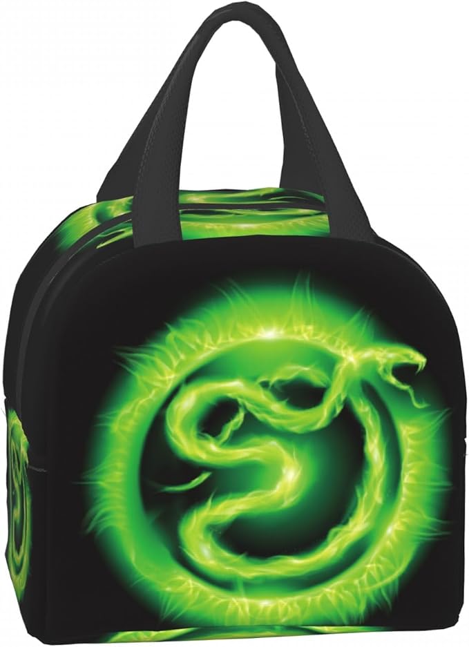 Giwawa Green Fire Snake Lunch Box, Insulated Lunch Cooler Tote Bags for Kids, Reusable Thermal Food Container Handbags for Teens Men Women Picnic Travel