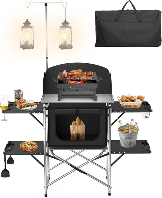 Camping Table, Aluminum Folding Camping Cook Station with Windshield, Upgrade Light Stand, Storage Bag, Quick Installation for Outdoor, Picnic, Cooking