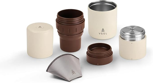 Nest Pour Over Coffee Kit, Transportable and Compact Pour Over Kit with Two 10 oz Double Walled Mugs, Cream