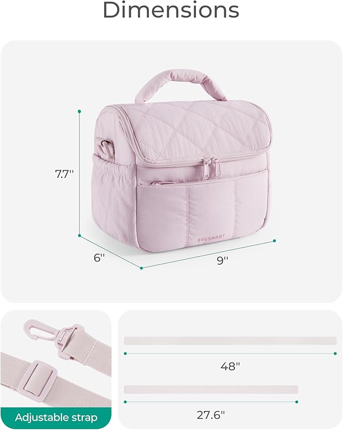 BAGSMART Insulated Lunch Bags for Women, Cute Quilted Lunch Box, Lightweight Puffy Padded Waterproof Lunch Tote, Reusable Lunch Cooler for Work Picnic Travel, Pink