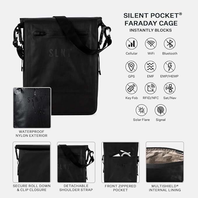 Silent Pocket SLNT Waterproof Faraday Laptop Bag Military-Grade 420D Waterproof Nylon - RFID Signal Blocking Dry Bag/Waterproof Laptop Backpack Protects from Water, Spying, Hacking (6 Liter)