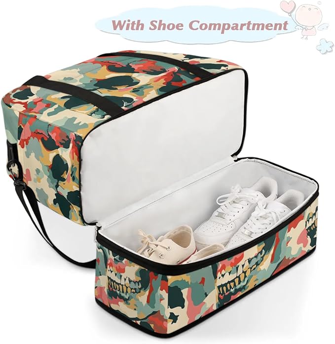 cfpolar Woman Travel Duffel Bag Camo Skull Foldable Tote Carry On Luggage Sports Gym Bag With Shoe Compartment Overnight Weekend Yoga Workout Bag Training Handbag
