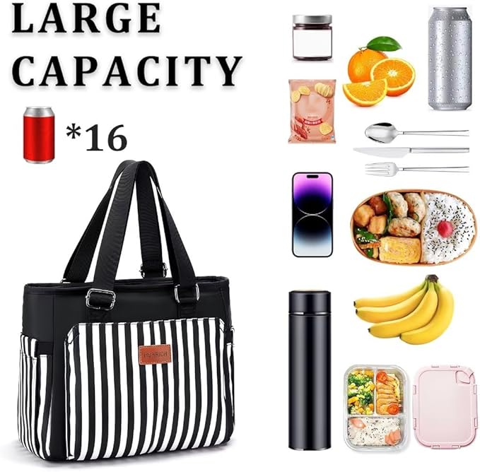 Large Women Lunch Bags for Work/Insulated Adult Lunch Box for Women/Leakproof Cooler Lunch Tote Bag with Storage Pocket. Reusable Lunch Cooler Purse for Work Picnic Hiking 12L, Black Stripes