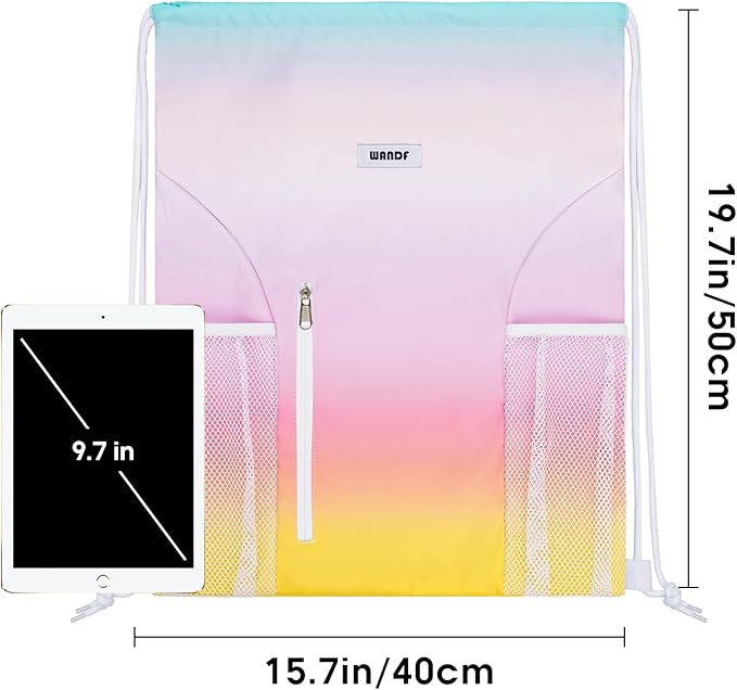 WANDF Drawstring Backpack Sports Gym Sackpack with Mesh Pockets Water Resistant String Bag for Women Men (Rainbow)