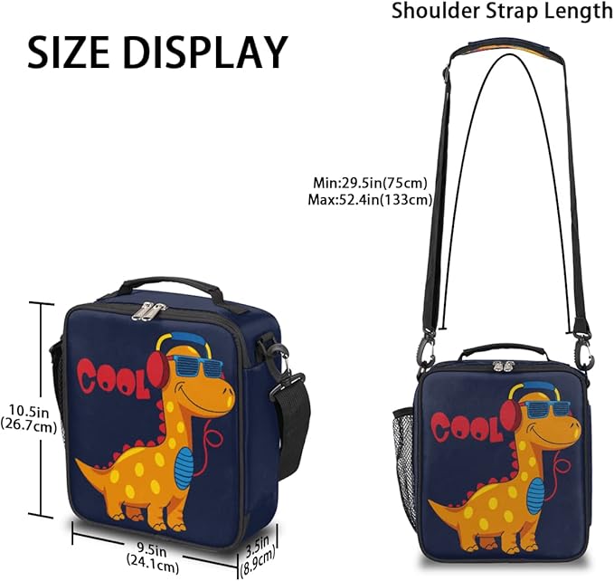 Dinosaur Lunch Box for Kids, Cool Dinosaur Music Lunch Bag for Boys Girls, Reusable Insulated Waterproof Lunch Box with Adjustable Shoulder Strap Thermal Cooler Tote Bag for School Daycare Picnic