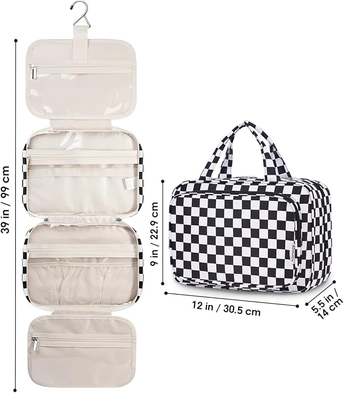 Narwey Travel Toiletry Bag for Women Large Hanging Makeup Bag Organizer Toiletries Bag for Full Size Essentials Accessories Cosmetics (Black Checkerboard (Large))