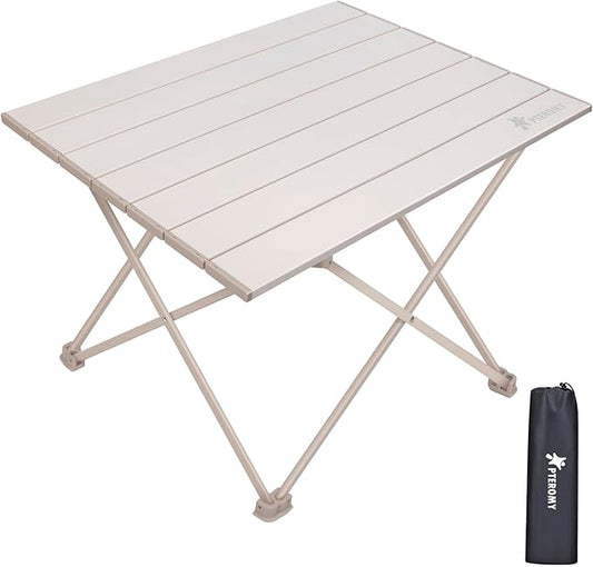 PTEROMY Folding Camping Table, Portable Beach Table with Ultralight Aluminum Tabletop for Travel, Outdoor, Camping, Picnics, and BBQs (Medium, Beige)