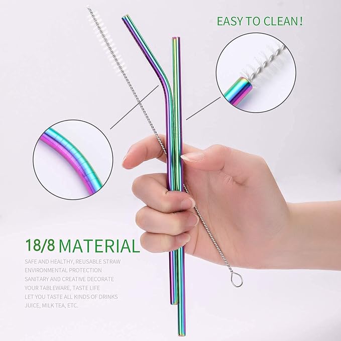 Portable Reusable Travel Utensils Silverware With Case, Camping Cutlery Set, Chopsticks and Straw, Flatware With Case, Stainless Steel Rainbow Top