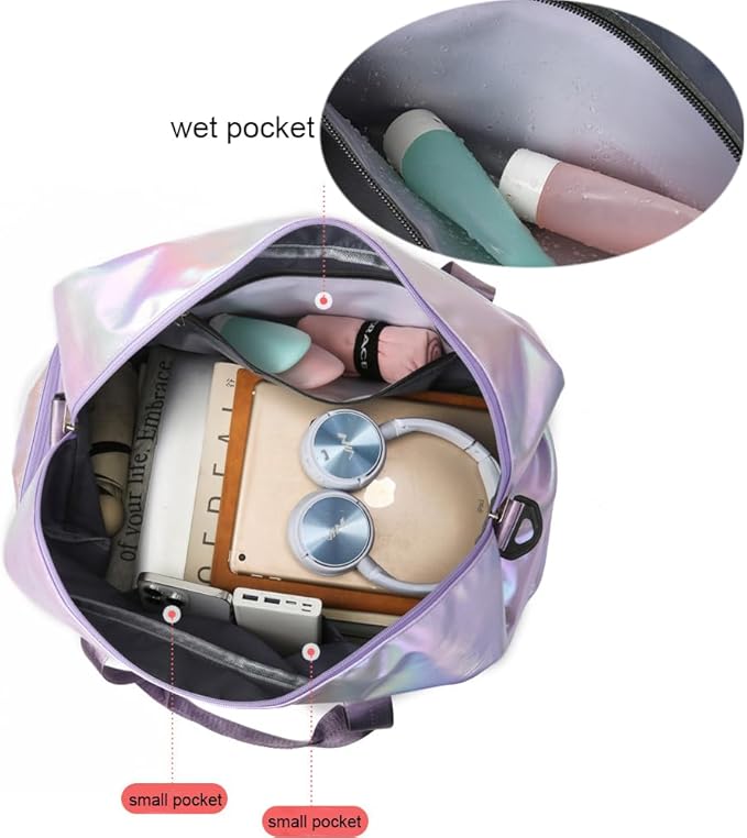 Holographic Shimmering Gym Duffle Bag with Shoes Compartment & Wet Pocket, Women Weekend Overnight Travel Bag Gymnastic Dance Bag for Girl (blue)