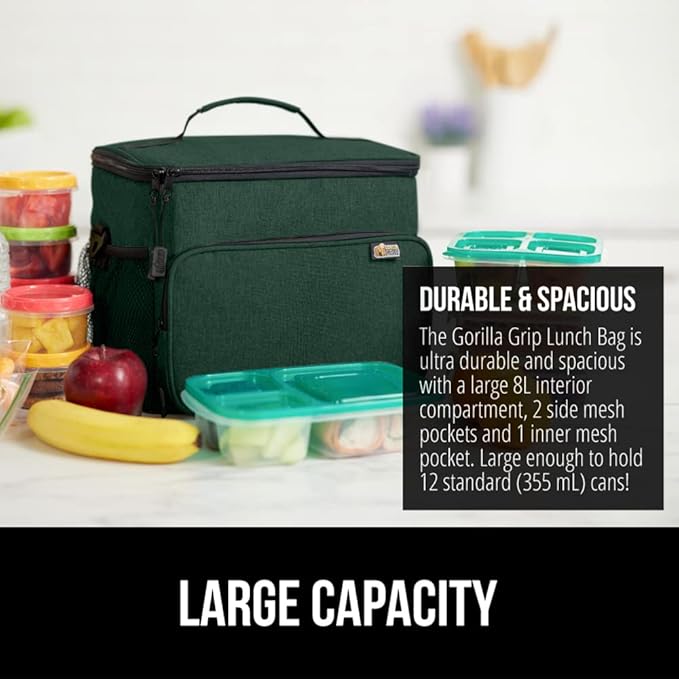 GORILLA GRIP Reusable Insulated Lunch Box Bag, Large Capacity, Leakproof Soft Cooler Bags, Mesh Pockets and Adjustable Strap, Food Tote for Work Camping School, Keep Drinks Cold, 8L, 10x9 Hunter Green