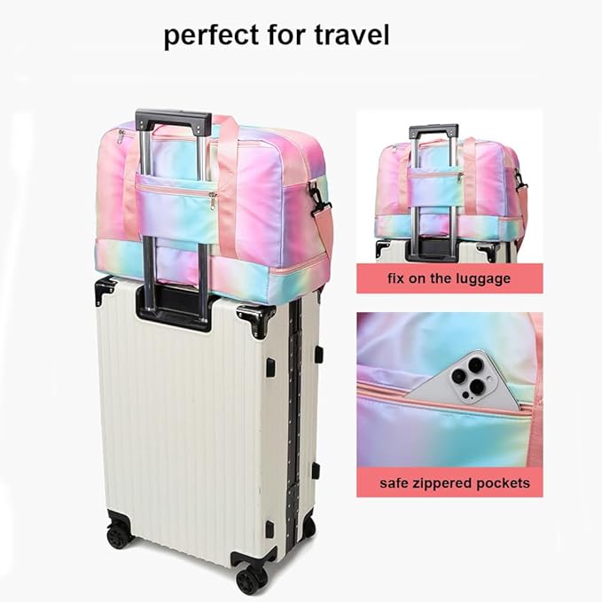 Sports Gym Bag with Shoes Compartment & Wet Pocket, Waterproof Overnight Bag Travel Bag Gymnastic bag Dance Bag for Girl, Weekend Bag for Women(gradient pink)