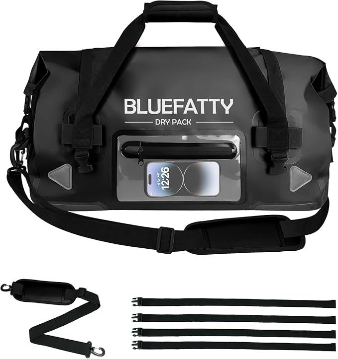 Waterproof Motorcycle Duffel Bag Roll Top Dry Duffel Bag with Quick-fixed Straps for Rafting, Boating, Kayaking, Travel, 50L(Black)