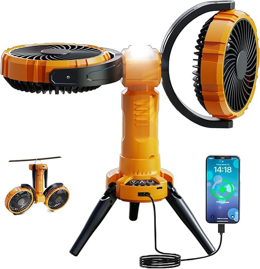 3 in 1 Portable Camping Fan with LED Light,8000mAh Rechargeable Battery Powered Fans with Hanging Hook for Tent,360°Head Rotation,4 Speeds,Camping Essentials Outdoor for Travel Fishing BBQ