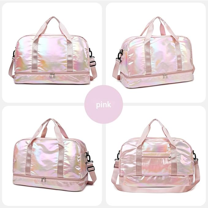 Holographic Shimmering Gym Duffle Bag with Shoes Compartment & Wet Pocket, Women Weekend Overnight Travel Bag Gymnastic Dance Bag for Girl (pink)