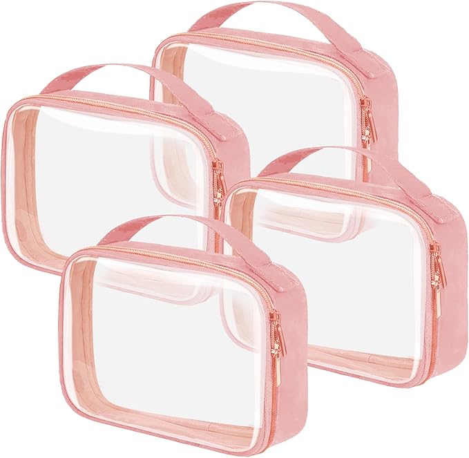 TSA Approved Travel Toiletry Bag,4 Pack Clear Makeup Bags with Handles,Quart Size Clear Cosmetic Bags for Traveling Women,Men,Carry on Airport Airline Compliant Bag,Pink