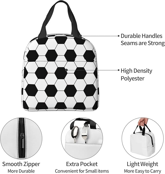 VOOHDDY Football Soccer Ball Black White Insulated Lunch Bag For Men Women Reusable Lunch Box Container Waterproof Portable Cooler Thermal Tote Bag For Work Office Picnic Beach Travel
