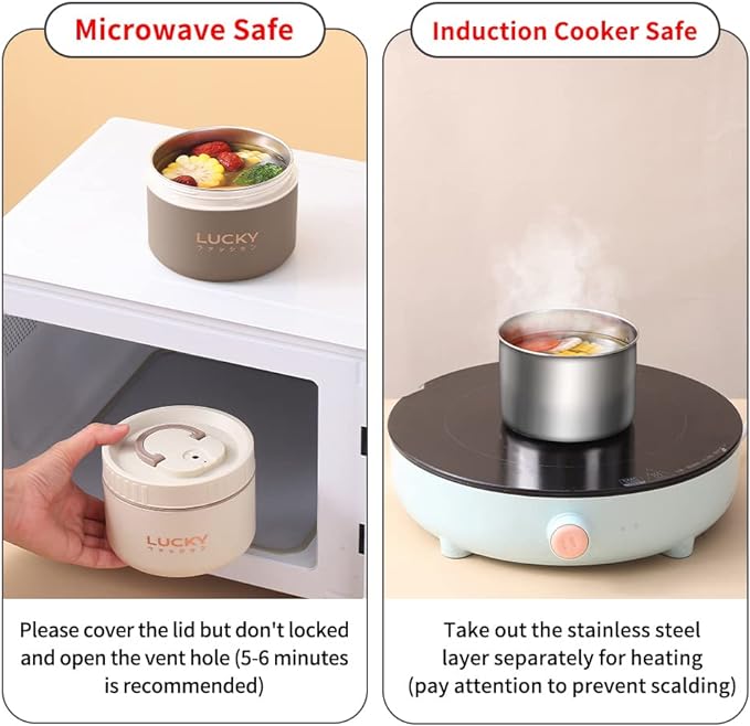 YBOBK HOME Thermal Bento Lunch Box, Portable Insulated Lunch Container For Kid Aldult To School Work, Keep Food Warm Stainless Steel Lunch Box With Bag, Induction Cooker & Microwave Safe (Beige 34oz)