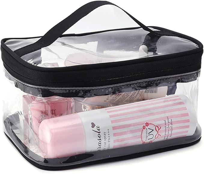 Black Transparent Cosmetic Bag Waterproof Handbag Portable Travel Work Make Up Kit Double Zipper Storage Bag, 2 PCS