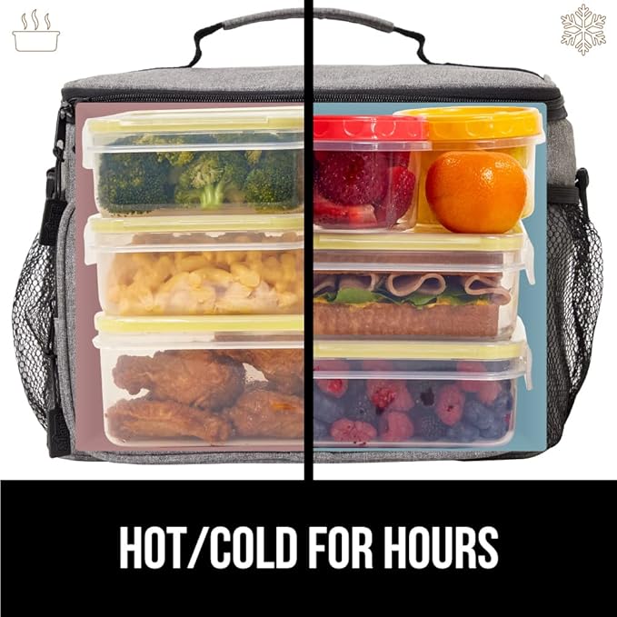GORILLA GRIP Reusable Insulated Lunch Box Bag for Women Men,15L, Leakproof XL Soft Cooler Bags, Multiple Compartments, Mesh Pockets and Adjustable Strap, Food Tote Keeps Drinks Cold, 13x9, Light Gray