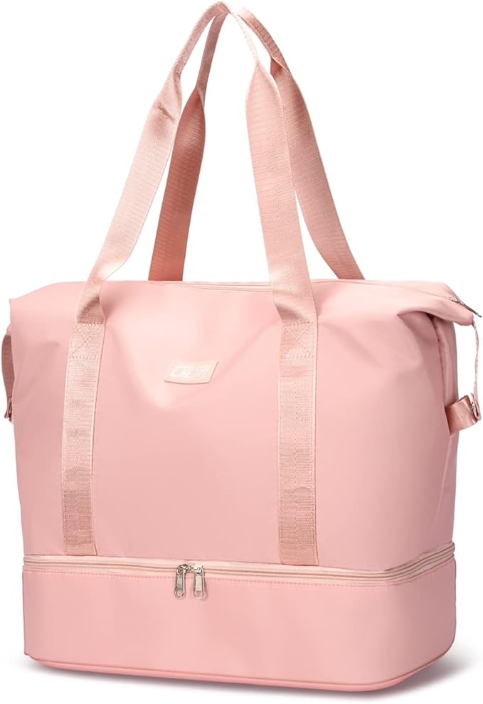 Large Travel Duffel Bag with Shoe Compartment, Gym Tote Carry on Bags for women, Lightweight Duffel Bags with Trolley Sleeve fit for Travel and Sport(Pink)