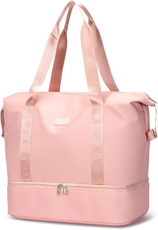 Large Travel Duffel Bag with Shoe Compartment, Gym Tote Carry on Bags for women, Lightweight Duffel Bags with Trolley Sleeve fit for Travel and Sport(Pink)