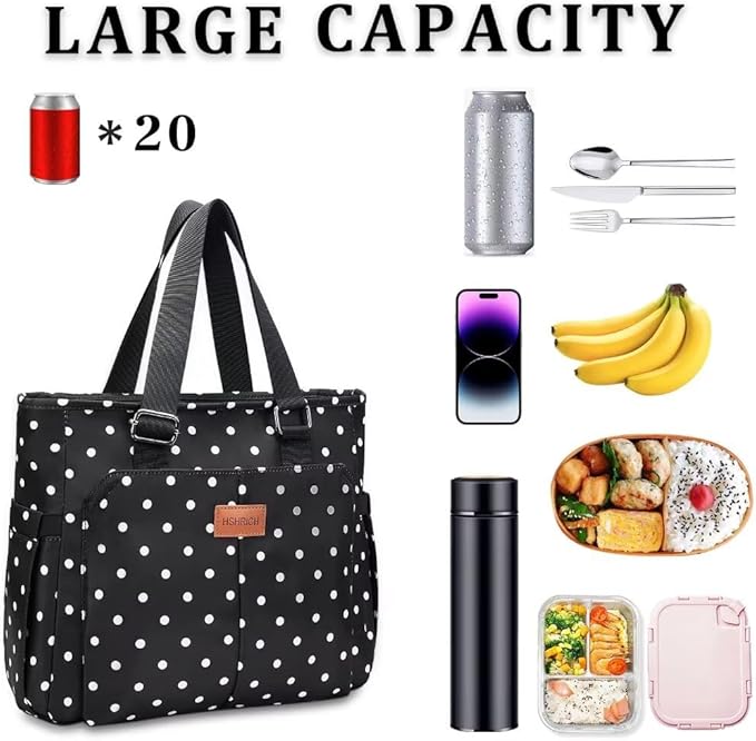 Lunch Bag Lunch Box Women - Large Tote Lunch Bags Men Women: Leakproof Insulated Lunch Cooler Bag for Adults 14L, White Dots
