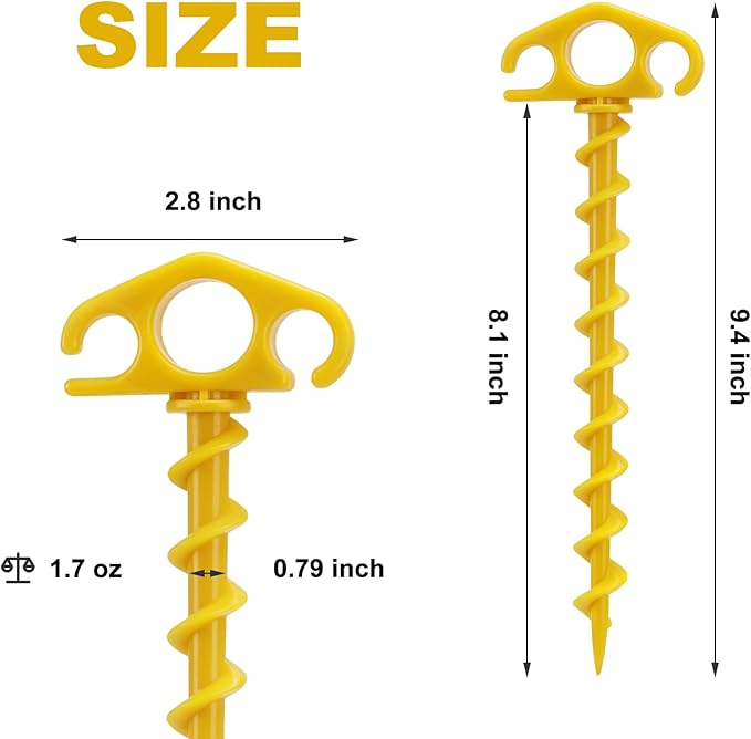 Tent Stakes Sand Stakes for Beach Tent 16 Pack Spiral Anchor Stakes 9.4 Inch Heavy Duty Screw Canopy Stakes for Camping, Hiking and More (16, Yellow)