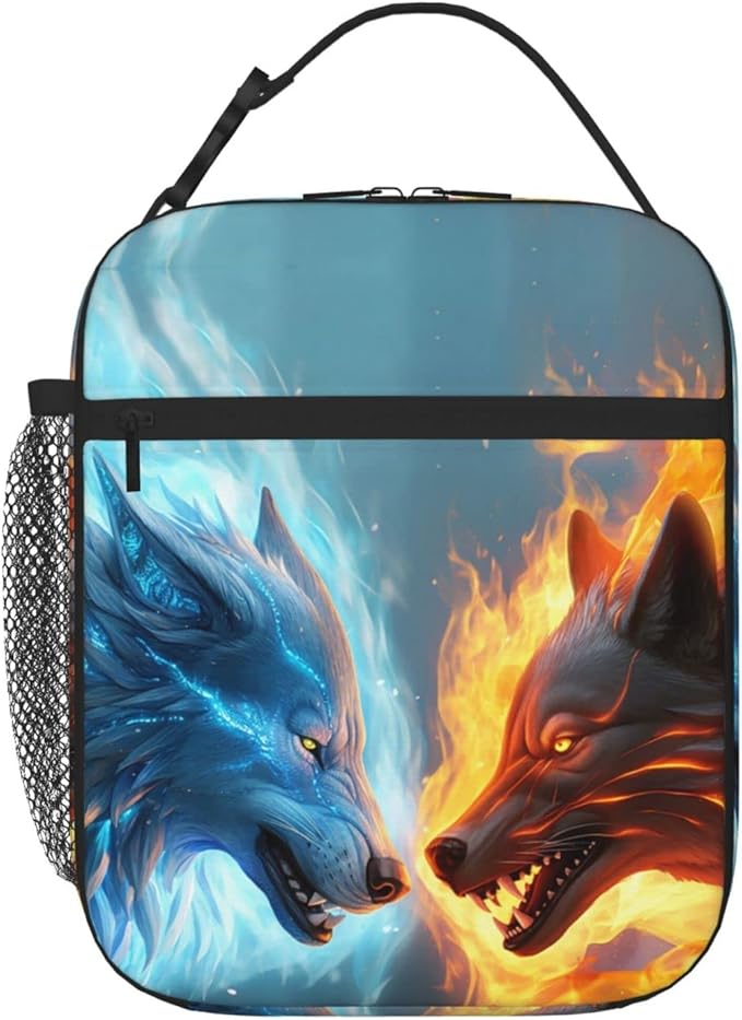 SARA NELL Wolf Insulated Lunch Bag Cool Ice and Fire Wolf Lunch Cooler Box for Women Men Teens Kids, Reusable Lunch Tote Bag, Leakproof Insulated Lunch Bags for Work, Picnic, School or Travel