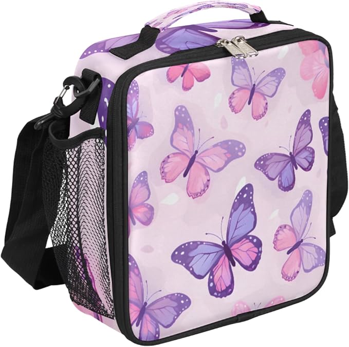 Pardick Butterfly Kids Lunch Bag Purple Insulated Lunch Box Mini Cooler Back to School Thermal Meal Tote Kit Bento Tote Bags Thermal Lunchbox for Boys Girls