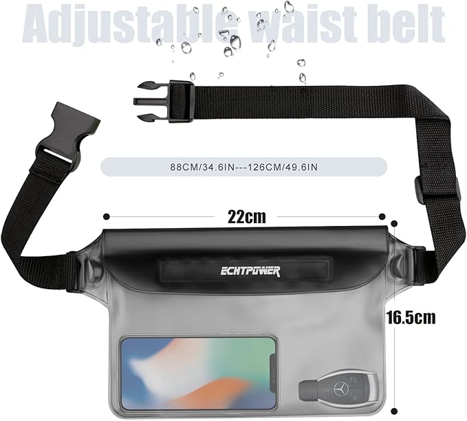 ECHTPower 2-Pack Waterproof Pouch Bag, Waterproof Fanny Pack, Waterproof Dry Bag with Adjustable Waist Strap for Beach Swimming Kayaking Floating Boating