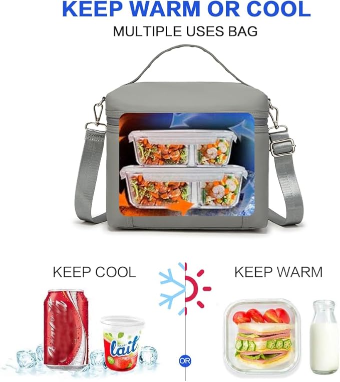 NOL Natural Organic Lifestyle Insulated Lunch Bags for Women Cooler Bag Lightweight Nylon Waterproof Lunch Box For Work (Cool gray, Medium(normal))