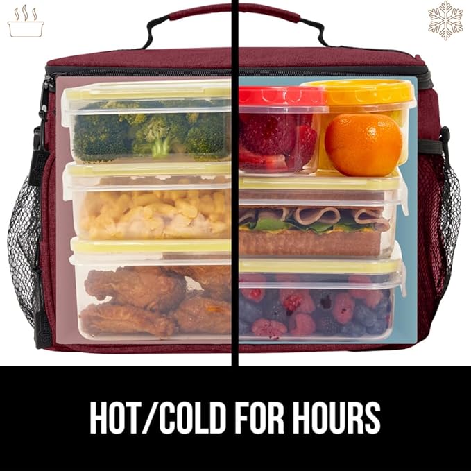 GORILLA GRIP Reusable Insulated Lunch Box Bag for Women Men, Large Leakproof Soft Cooler Bags, Multiple Compartments, Mesh Pockets, Adjustable Strap, Food Tote Keeps Drinks Cold, 8L, 10x9, Burgundy