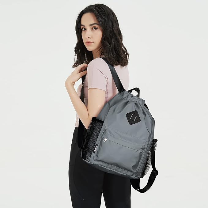 WANDF Drawstring Backpack Sports Gym Bag with Shoes Compartment, Water-Resistant String Backpack Cinch for Women Men(Small,Grey)