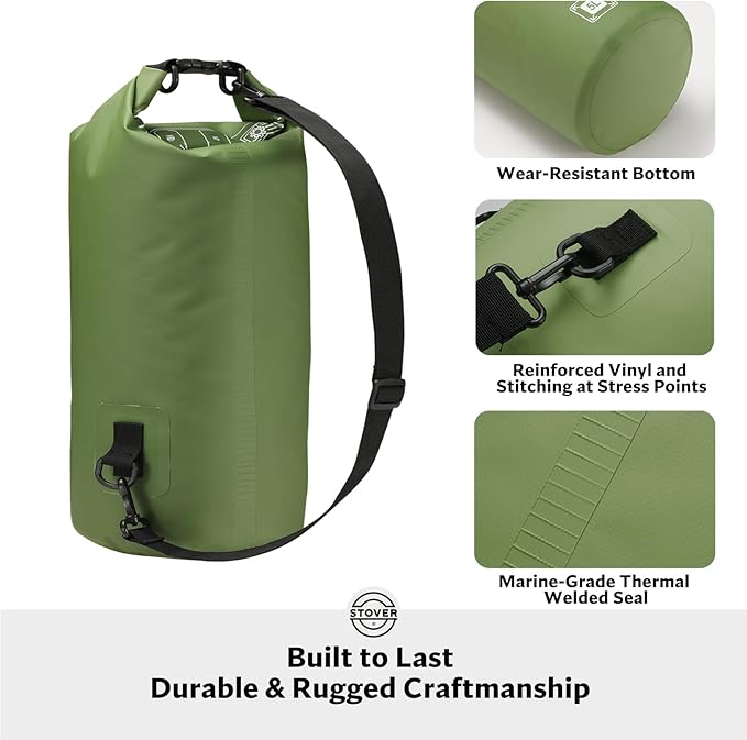 STOVER 5/10/25/30/40/55L Waterproof Dry Bag, Small Lightweight Roll Top Dry Bag Backpack w/Waterproof Phone Case, Kayaking, Travel, Hiking, Fishing, Tubing, Camping, the Beach, Men/Women (Green)
