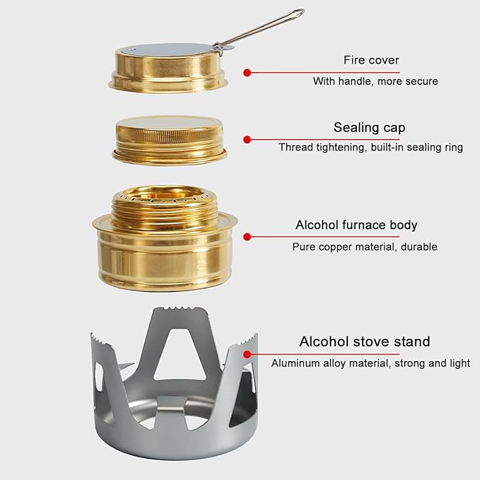 Alcohol Burner Portable Copper Stove Camping Stove Brass Oven Aluminum Alloy Mini Ultralight with Sealed Cap Extinguish Lid for Picnic BBQ - Grey