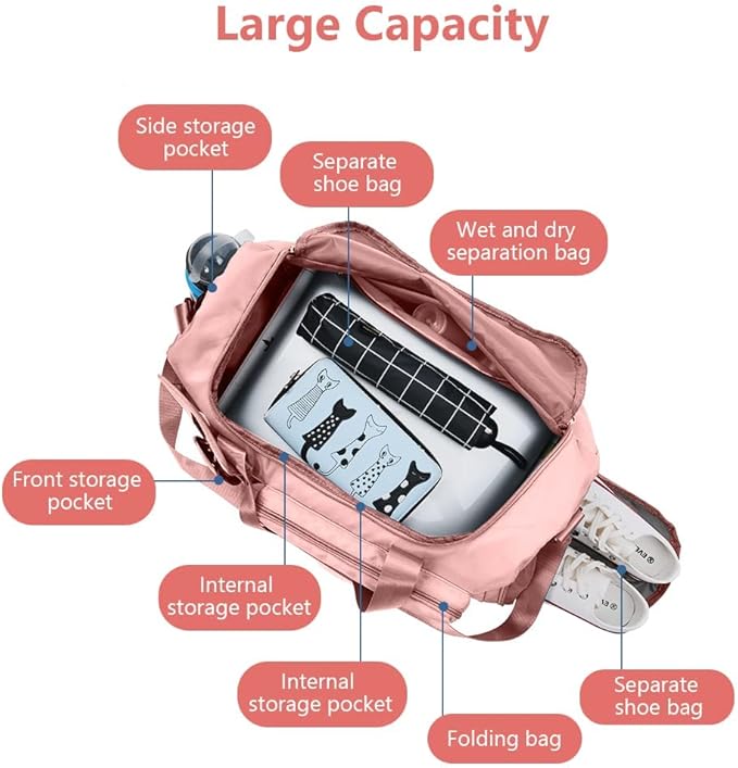 Travel Duffel Bag, Foldable Gym Bag with Luggage Tag, Large Capacity Weekend Overnight Bags with Wet and Dry Separation Bag, Waterproof Sports Tote Bag, for Travel, Sports, Gym (Pink)