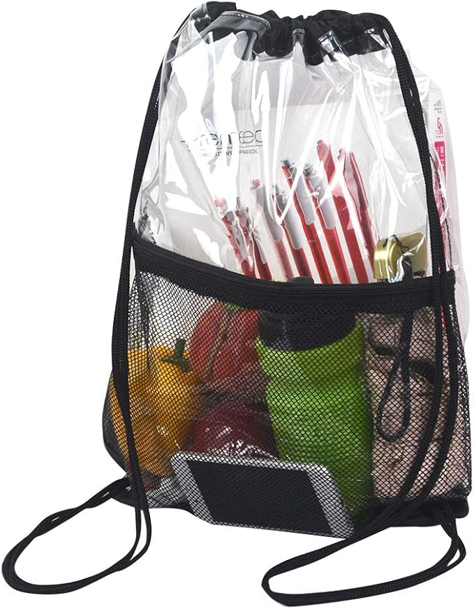Clear Drawstring Bag, PVC Drawstring Backpack with Front Zipper Mesh Pocket