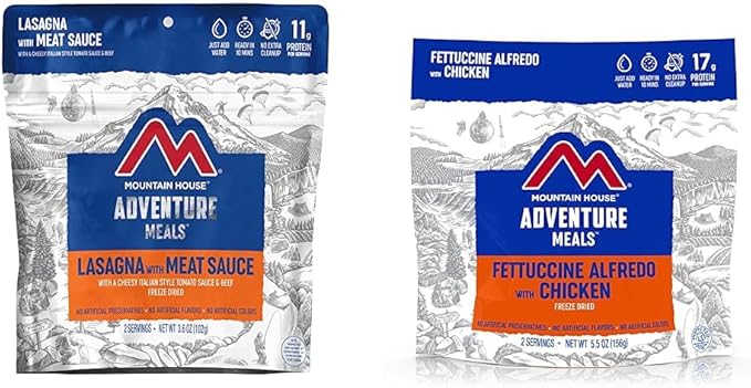 Mountain House Lasagna with Meat Sauce and Fettuccine Alfredo with Chicken | Freeze Dried Backpacking & Camping Food | 2 Servings Each